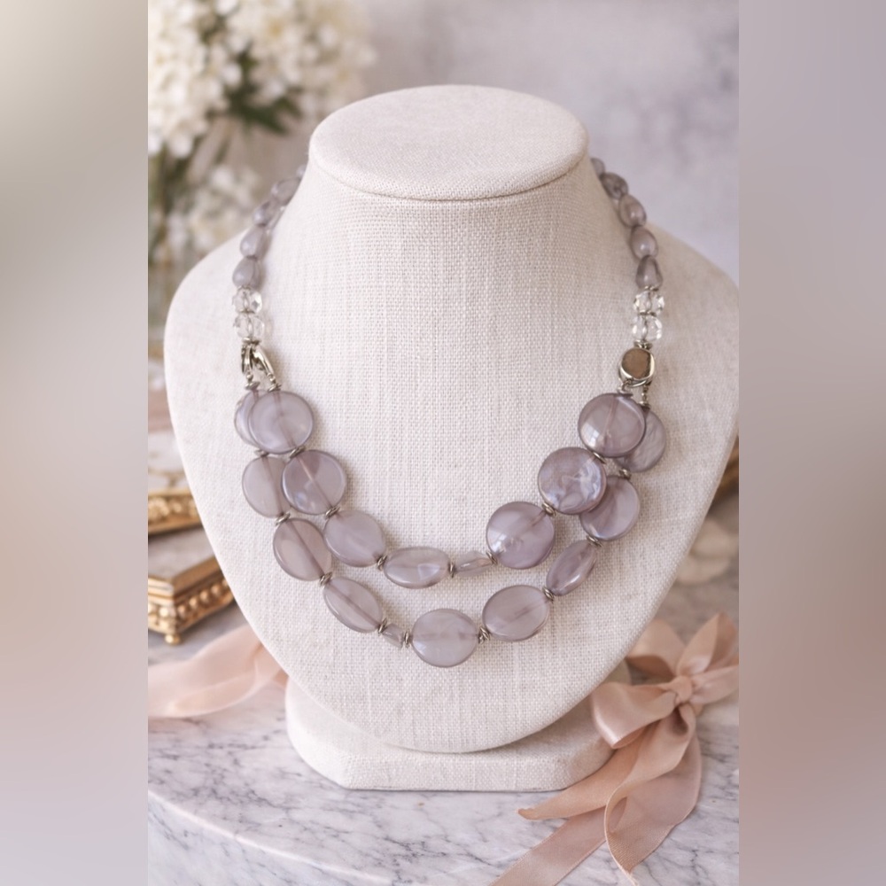Gray Lavender Double Strand Necklace Statement Beaded Elegant Jewelry